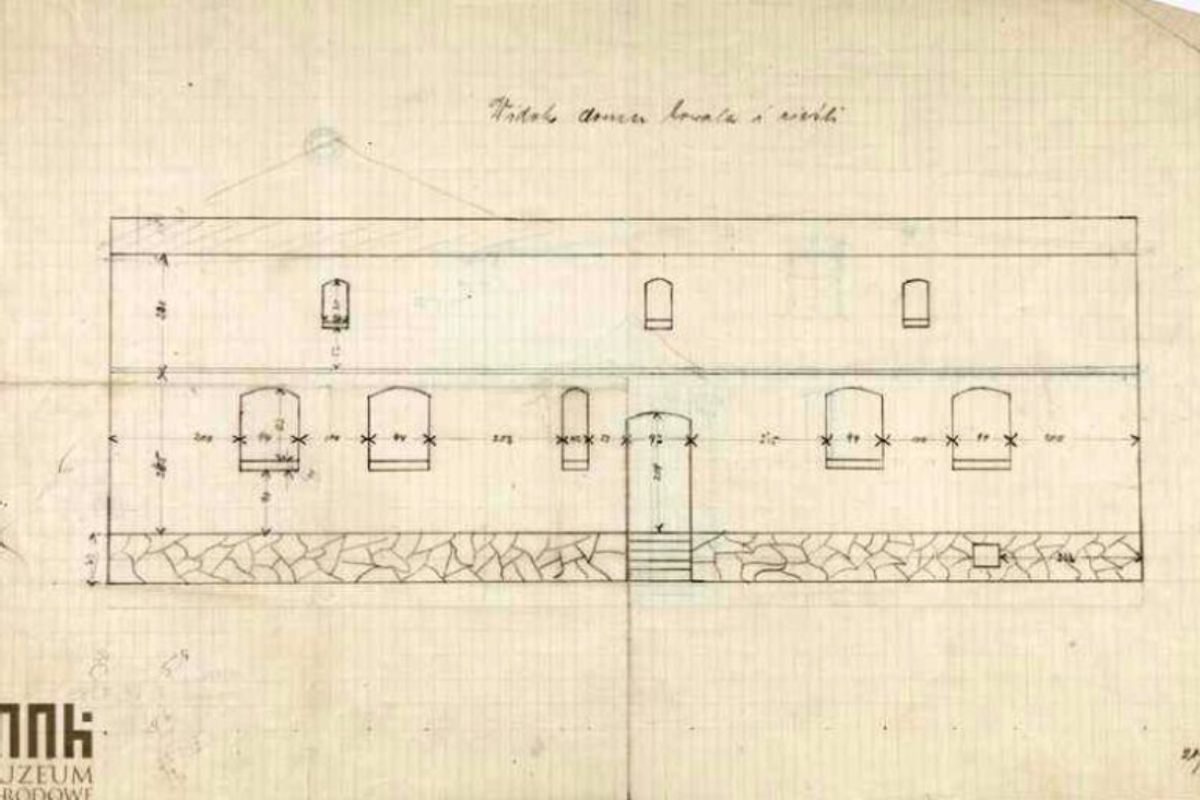 Dom kowala i cieśli, elewacja frontowa i szkic elewacji bocznej. 1924.